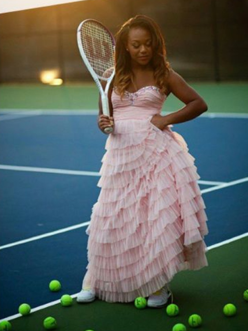 Strapless Pink Ruffled Tulle Evening Dress